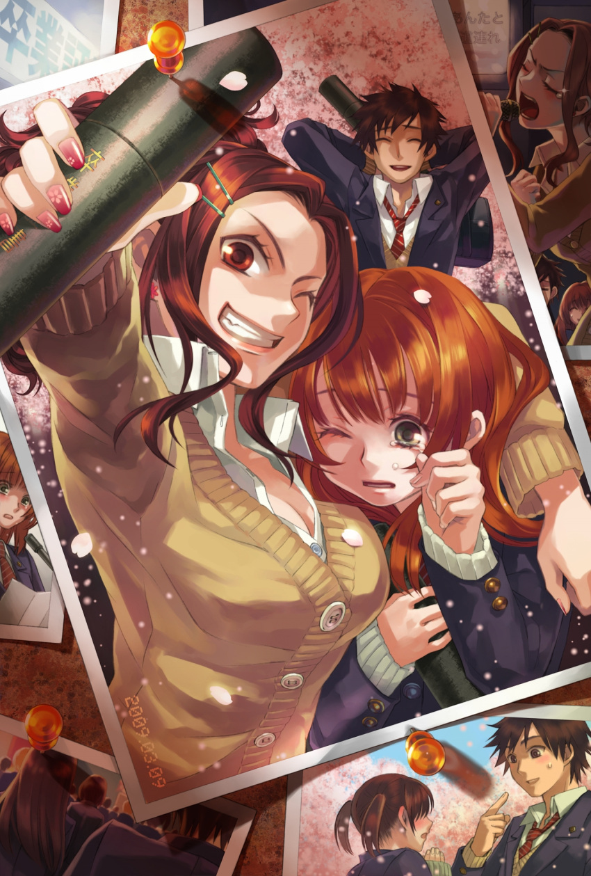 breast_envy, breasts, brown_eyes, brown_hair, bulletin_board, cherry_blossoms, cleavage, graduation, green_eyes, grin, hair_ornament, hairpin, highres, huge_breasts, karaoke, kogal, large_breasts, long_hair, microphone, minami_seira, nail_polish, necktie, original, petals, photo, photo_(object), pointing, polished_fingernails, ponytail, school_uniform, short_hair, singing, smile, sweatdrop, sweater, tear, tears, thumbtack, thumbtacks, twintails, wink, ya_minami