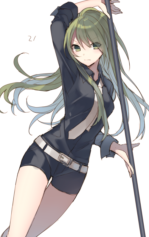 1girl, angry, bare_legs, belt, collared_shirt, green_eyes, green_hair, hijiri_(resetter)