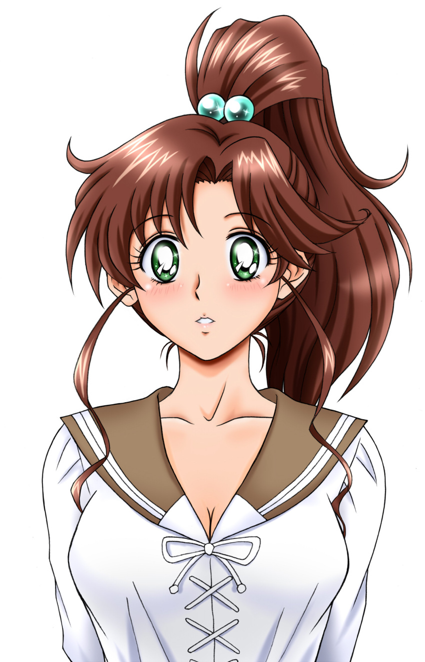 1girl, :o, bishoujo_senshi_sailor_moon, blush, brown_hair, green_eyes, hair_bobbles, hair_ornament
