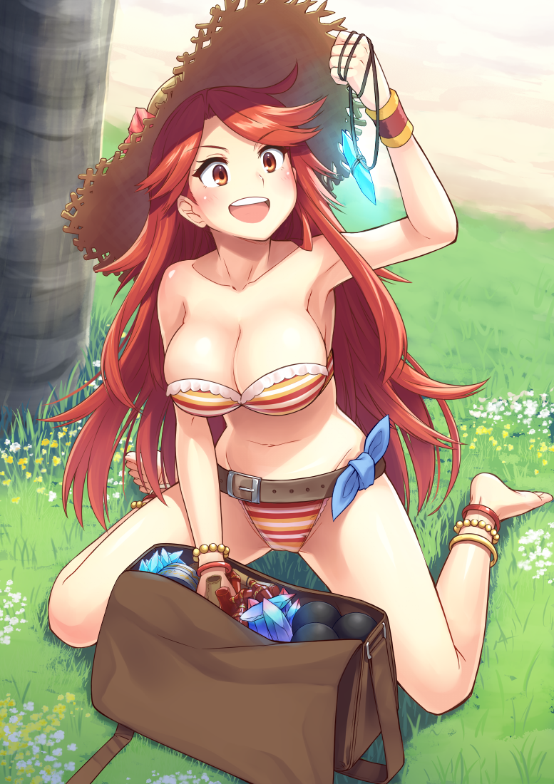 >:d, 1girl, :d, anklet, bag, bare_shoulders, bikini, breasts