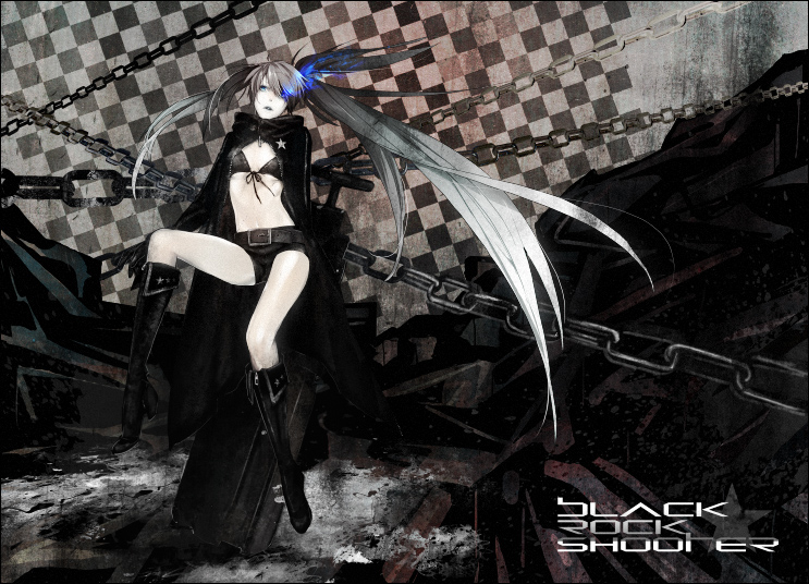 bangs, belt, bikini_top, black_hair, black_rock_shooter, black_rock_shooter_(character), blue_eyes, boots