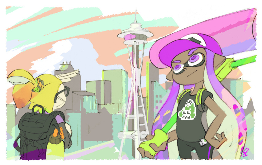 1boy, 1girl, backpack, bag, baseball_cap, bike_shorts, blonde_hair, dark_skin