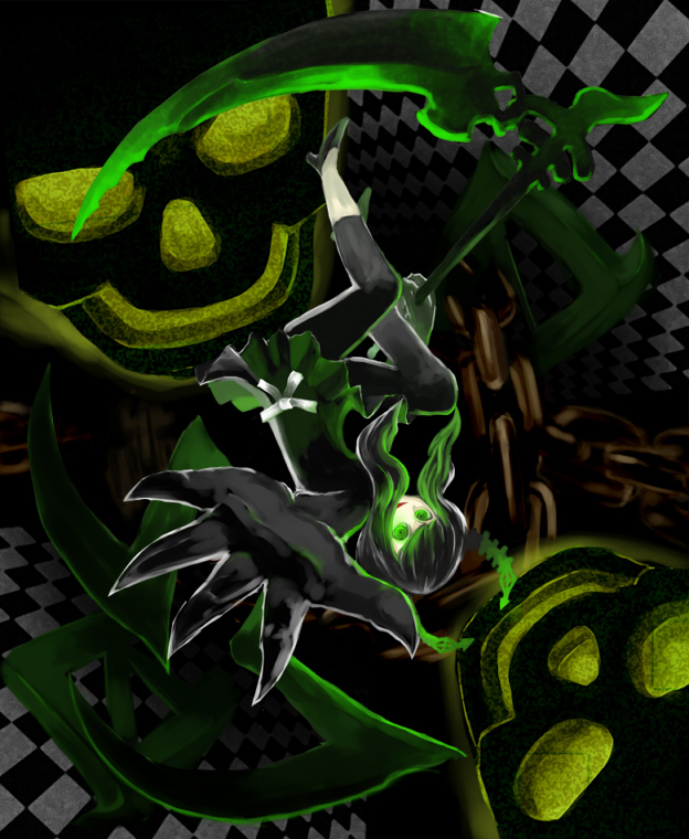 black_hair, black_legwear, black_rock_shooter, chain, chains, checkered, dark, dead_master, demon_wings, dress, glowing, glowing_eyes, green_eyes, horns, leggings, long_hair, metaborikkumen, ribbon, scythe, skull, solo, wings