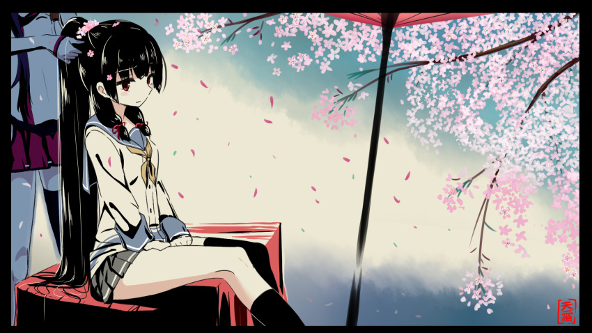 2girls, adjusting_hair, asymmetrical_legwear, black_hair, black_legwear, cherry_blossoms, heavens_thunder_(byakuya-part2), highres