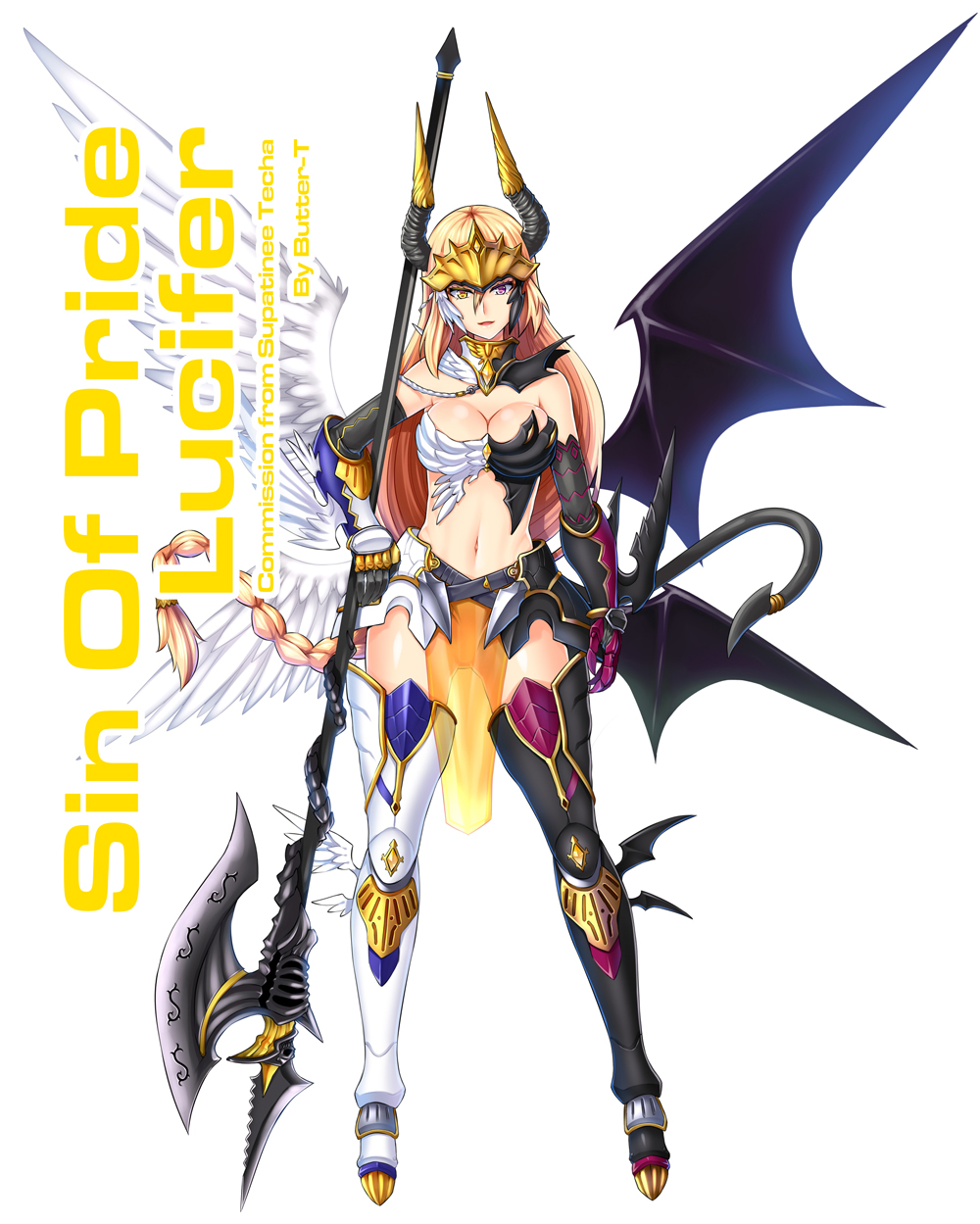 1girl, angel_wings, armor, artist_name, asymmetrical_clothes, asymmetrical_hair, asymmetrical_wings, blonde_hair
