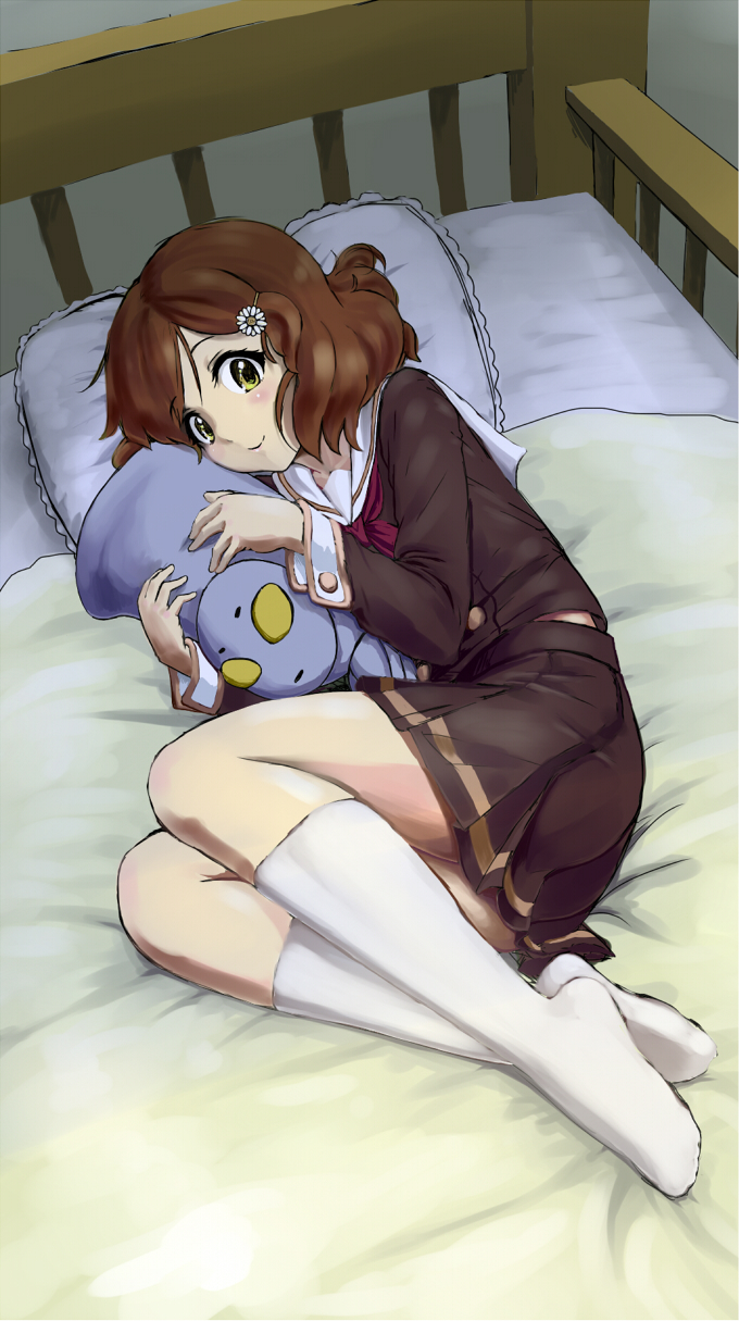 1girl, bed, brown_eyes, brown_hair, danbora, eupho-kun, hibike!_euphonium, highres