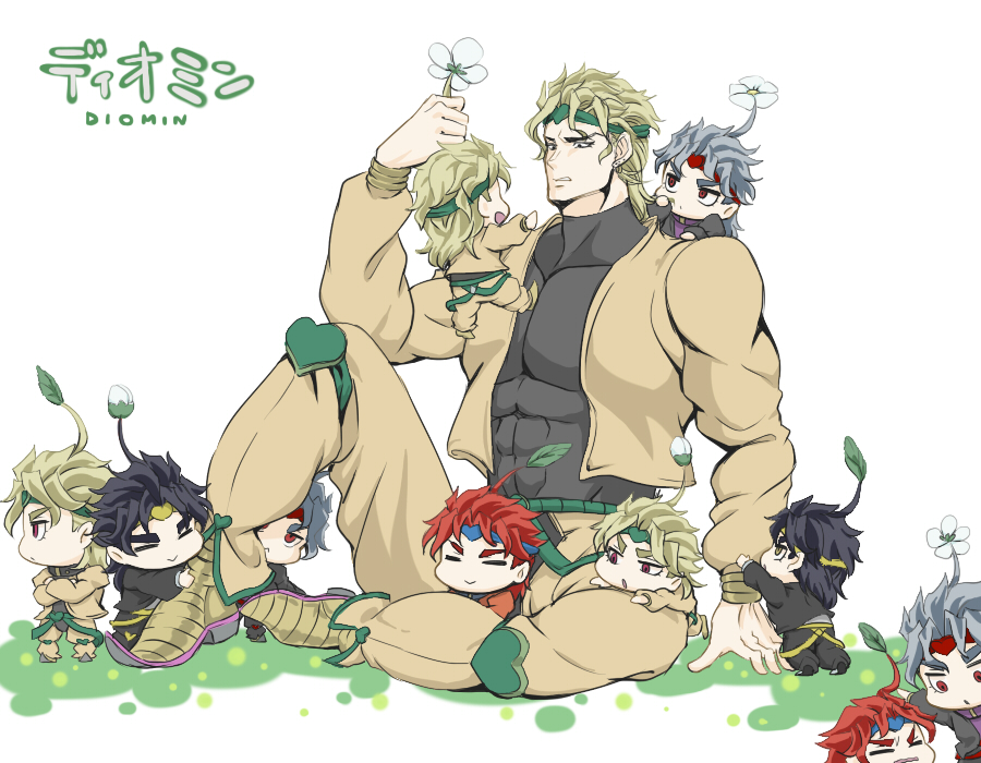 :>, black_hair, blonde_hair, chibi, closed_eyes, crossed_arms, dio_brando, grey_hair, headband, holding, jacket, jojo_no_kimyou_na_bouken, knee_pads, multiple_persona, neko_nami83, on_shoulder, parody, pikmin, pointy_shoes, redhead, shoes, sitting, sprout_on_head, turtleneck