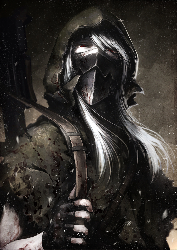 1girl, cloak, fingerless_gloves, gloves, gun, hetza_(hellshock), long_hair, mask