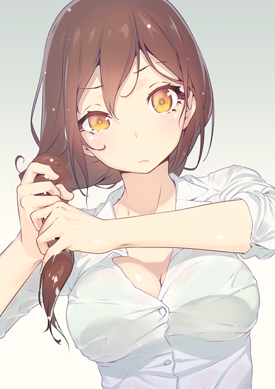 1girl, breasts, brown_hair, cleavage, dress_shirt, gradient, gradient_background, long_hair