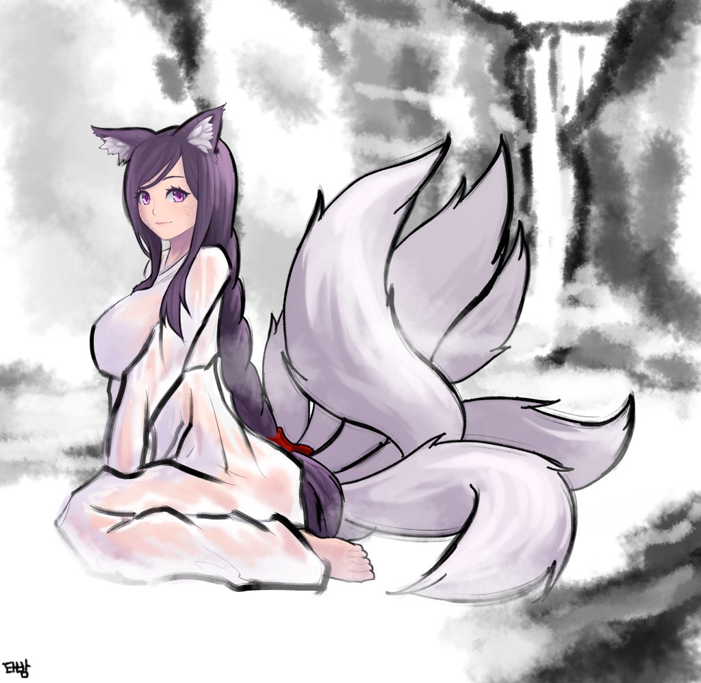 1girl, ahri, animal_ears, barefoot, braid, fox_ears, fox_tail, kim_yj