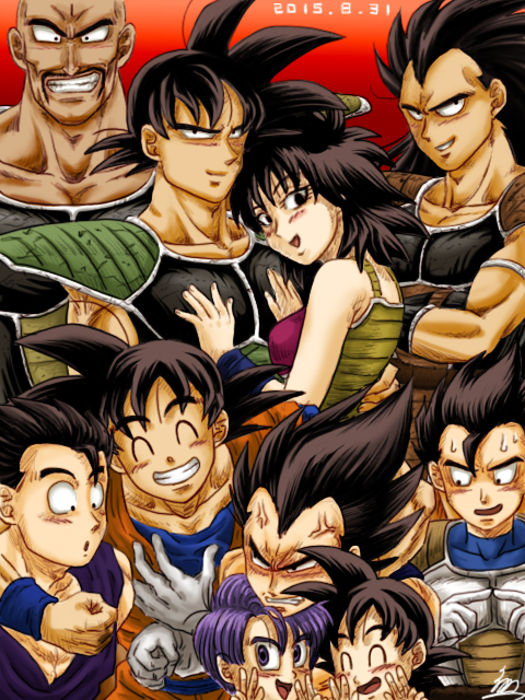 anger_vein, armband, armor, bald, bardock, black_hair, closed_eyes, dated