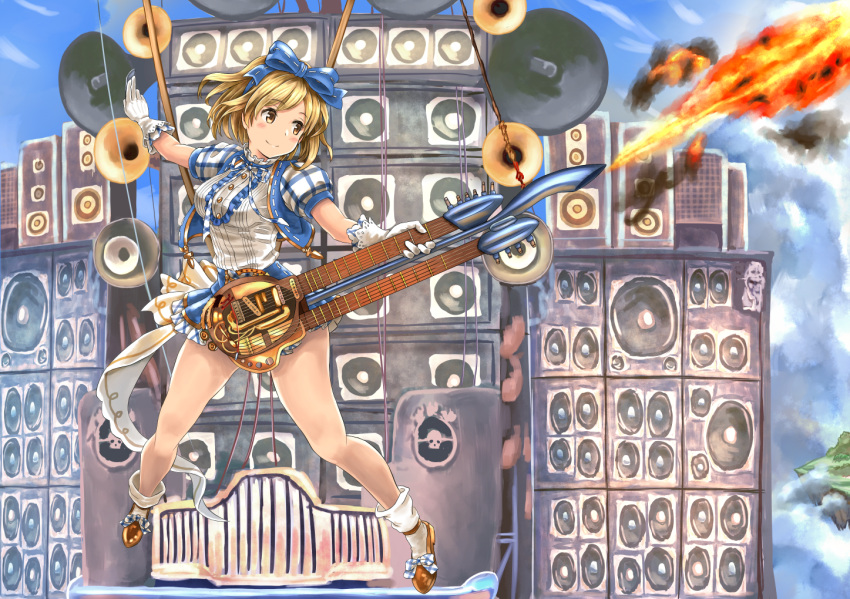1girl, adapted_object, blonde_hair, blush, clouds, commentary_request, cropped_jacket, double_neck_guitar