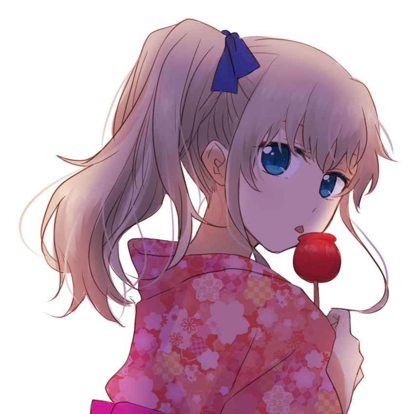 1girl, blue_eyes, candy_apple, charlotte_(anime), highres, japanese_clothes, kimono, licking, long_hair, ponytail, silver_hair, sunohara_(marble0131), tomori_nao, yukata