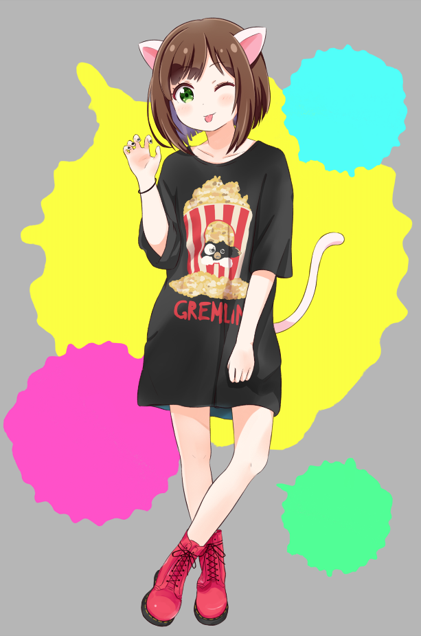 1girl, ;p, animal_ears, bare_legs, black_nails, brown_hair, cat_ears, cat_tail, check_(check_book), commentary_request, green_eyes, gremlins, high_tops, idolmaster, idolmaster_cinderella_girls, maekawa_miku, nail_polish, one_eye_closed, paint_splatter, red_shoes, shoes, solo, t-shirt, tail, tongue, tongue_out, wristband