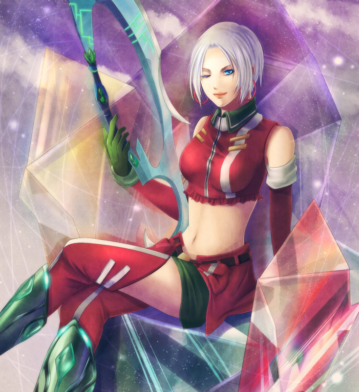 1girl, blue_eyes, crystal, earrings, gem, gloves, innes_lorenz, jewelry, one_eye_closed, shinrin_kusaba, sitting, solo, tales_of_(series), tales_of_hearts, white_hair