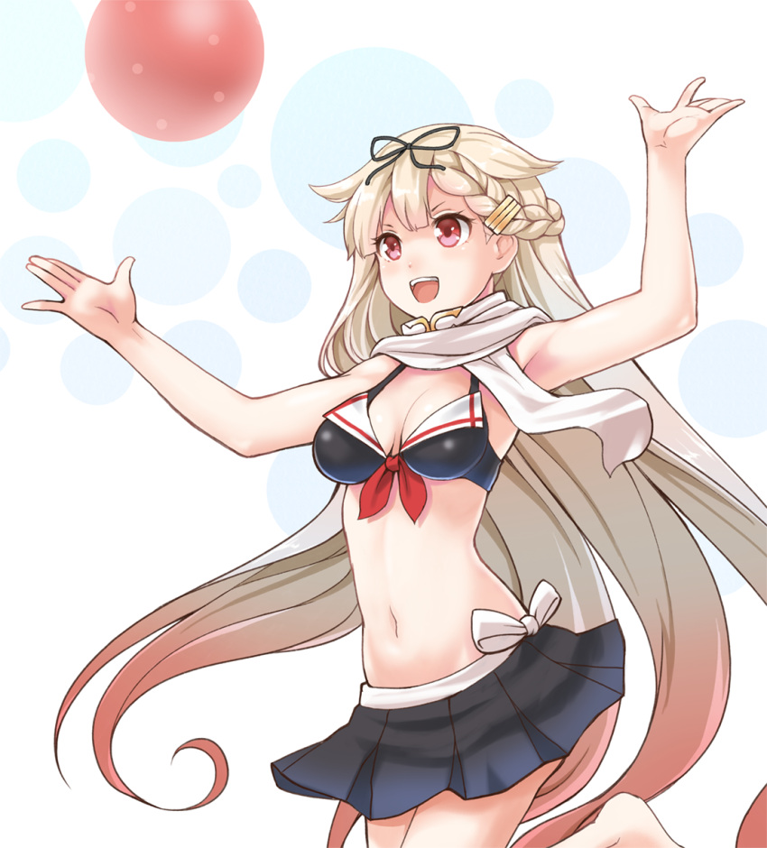 1girl, ball, beachball, bikini, blonde_hair, hair_ornament, hair_ribbon, hairclip