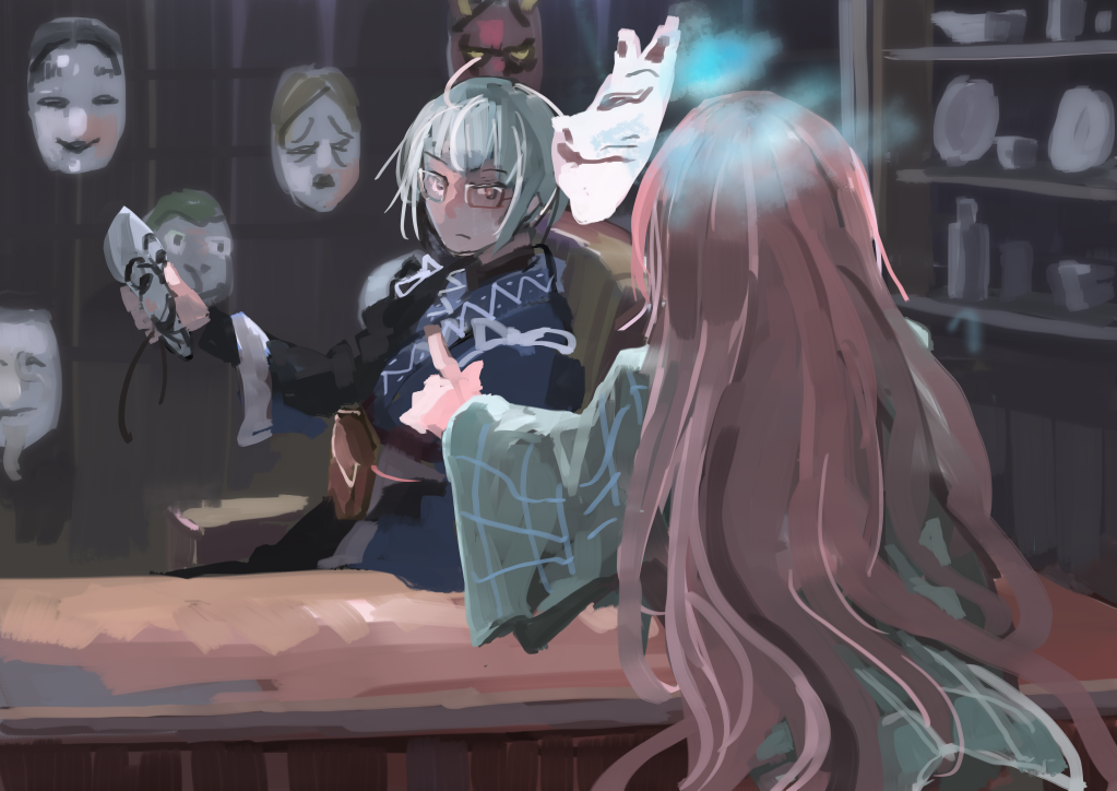 1boy, 1girl, chair, counter, face_mask, fox_mask, glasses, guy_fawkes_mask
