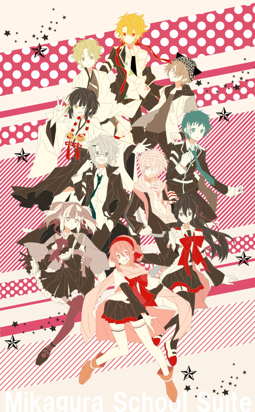 4girls, 6+boys, :d, ;d, akama_yuto, animal_hat, bimi_(mgk), black_hair
