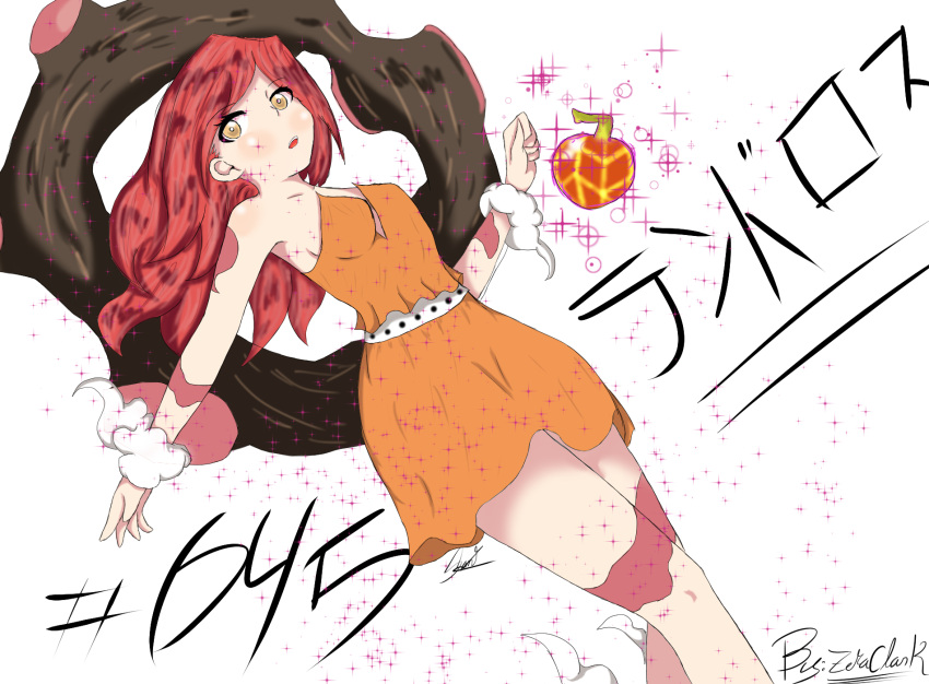 1girl, bare_shoulders, landorus, long_hair, looking_at_viewer, magiakarta, nintendo, open_mouth