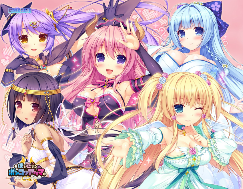5girls, :d, ;), aoi_miyabi, arisegawa_arle, ayasaki_yuu_(boku_to_koi_suru_ponkotsu_akuma.), bangs, black_hair