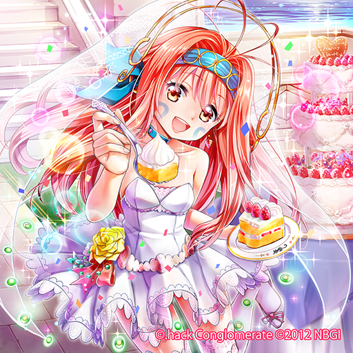 .hack//, 1girl, 2012, :d, bow, bride, brown_eyes, cake, choker, earrings, facial_mark, flatley_(guilty_dragon), flower, food, fork, frills, guilty_dragon, hairband, jewelry, long_hair, minimaru, open_mouth, plate, pov_feeding, red_bow, redhead, rose, skirt, smile, solo, stairs, standing_on_one_leg, strawberry_shortcake, tattoo, thigh-highs, veil, white_legwear, white_skirt, yellow_rose
