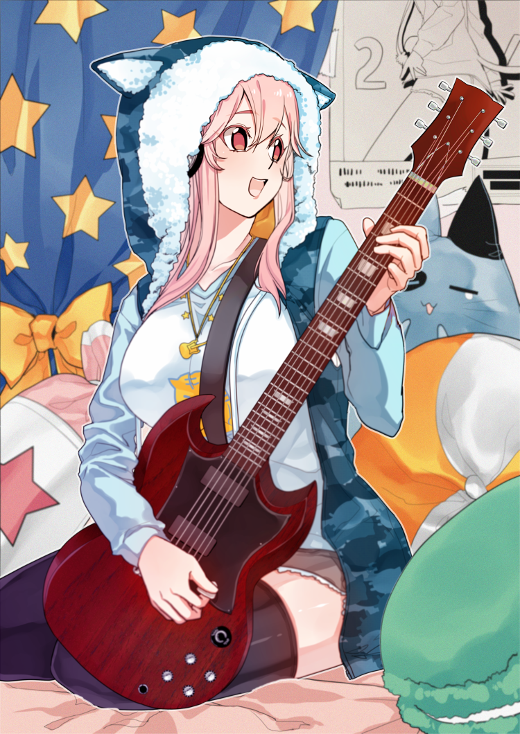 1girl, animal_ears, animal_hood, blush, breasts, cat_hood, electric_guitar, guitar