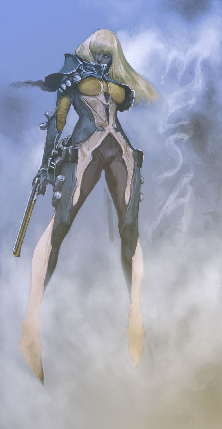 bangs, blonde_hair, bodysuit, capelet, character_name, grey_skin, gun, hair_over_one_eye