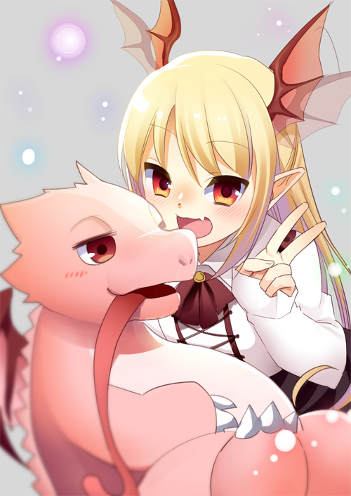 1girl, :d, afterimage, besu, blonde_hair, dragon, fang, flapping