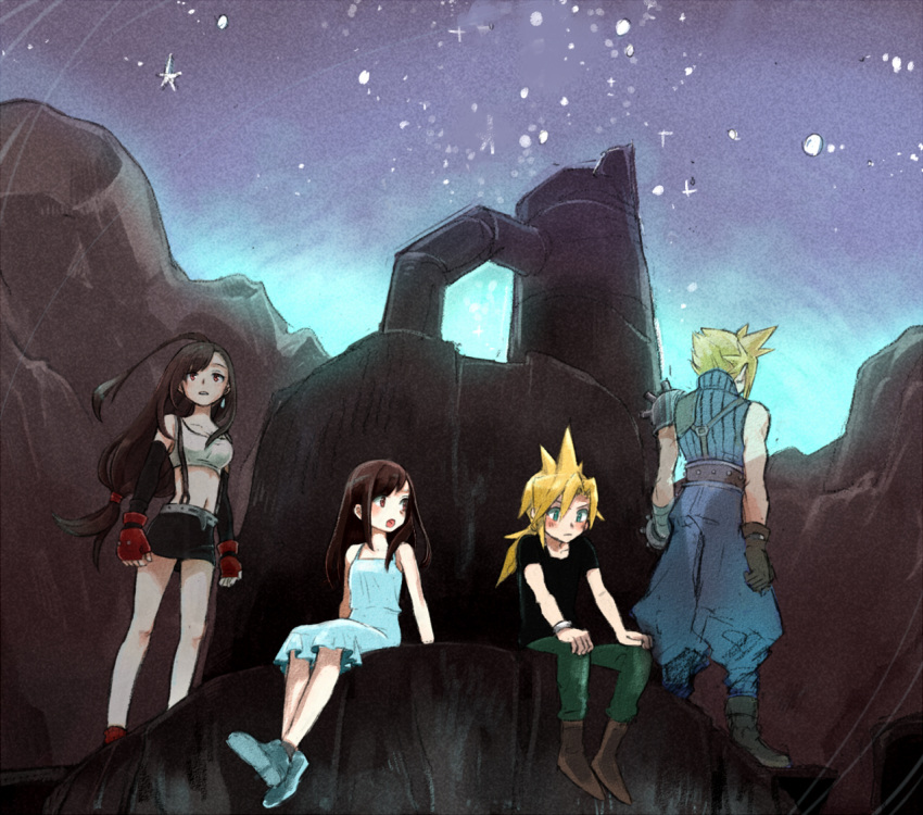 2boys, 2girls, age_comparison, blonde_hair, blush, brown_eyes, brown_hair, cloud_strife, colored_pencil_(medium), commentary, crop_top, dress, dual_persona, earrings, final_fantasy, final_fantasy_vii, fingerless_gloves, gloves, green_eyes, jewelry, long_hair, looking_at_another, looking_away, mare_(pixiv), midriff, miniskirt, mixed_media, multiple_boys, multiple_girls, navel, open_mouth, short_hair, skirt, sky, sleeveless, sleeveless_dress, spiky_hair, star_(sky), suspenders, tank_top, tifa_lockhart, traditional_media, younger