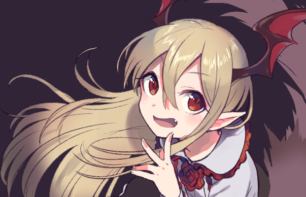 1girl, :d, bangs, bat_wings, blonde_hair, collared_shirt, fang, flower