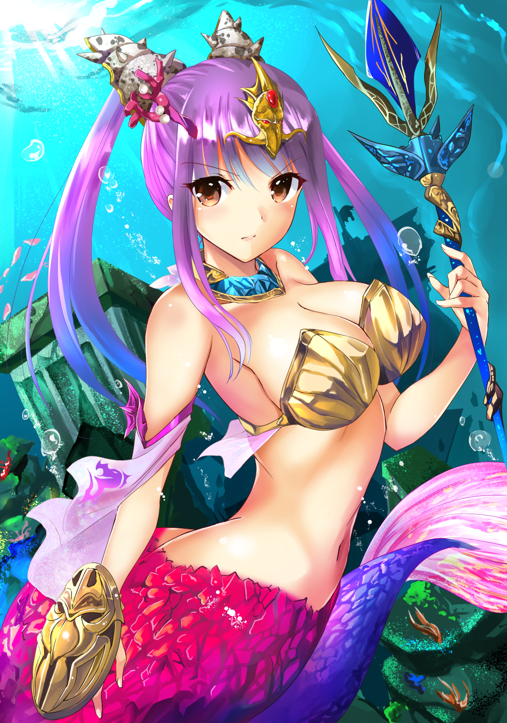 1girl, air_bubble, armor, bikini_armor, bikini_top, breasts, brown_eyes, cleavage
