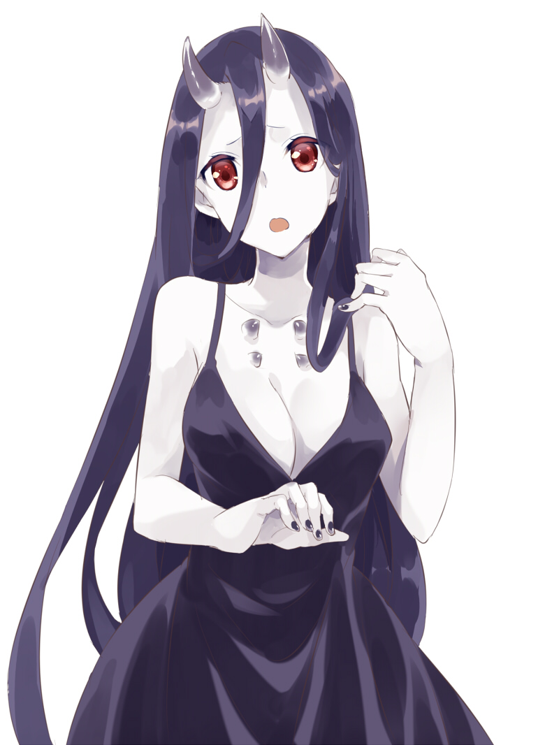 1girl, :o, battleship_hime, black_dress, breasts, cleavage, dress, hair_between_eyes