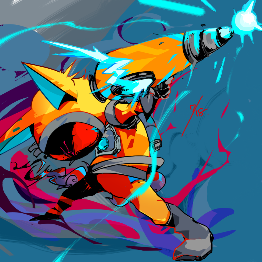 animal_ears, blue_background, dated, gun, helmet, no_humans, rabbit_ears, red_eyes