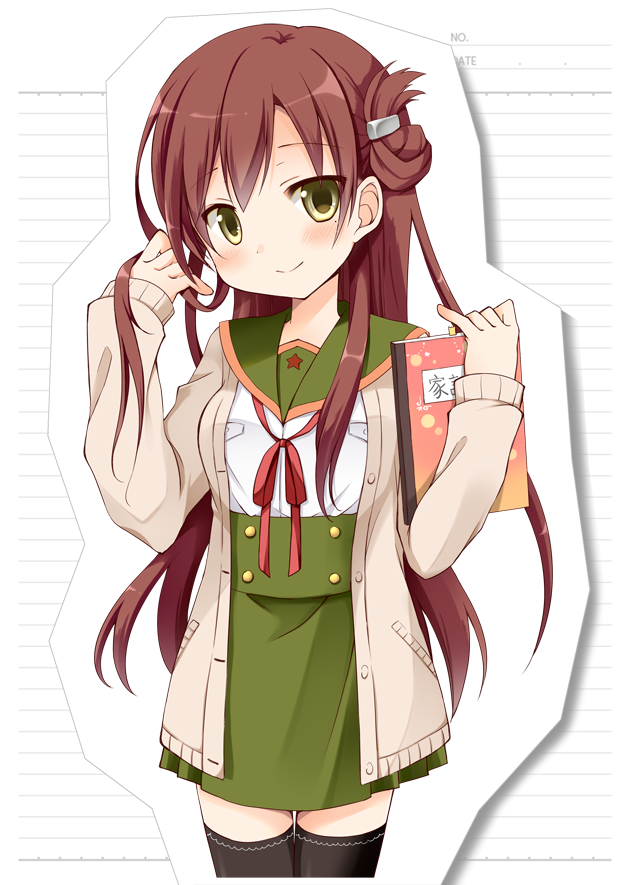 1girl, black_legwear, brown_hair, cardigan, folded_hair, gakkou_gurashi!, hair_ornament, hairclip