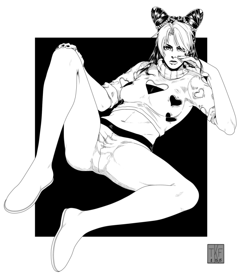 boots, crop_top, dated, double_bun, greyscale, highres, irene_(jojo), jojo_no_kimyou_na_bouken