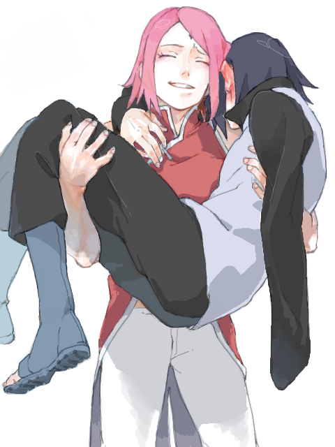 1boy, 1girl, amputee, black_hair, blush, carrying, closed_eyes, couple, fuji_(c-b-s), grin, haruno_sakura, hetero, husband_and_wife, long_hair, naruto, pink_hair, princess_carry, role_reversal, short_hair, smile, uchiha_sasuke