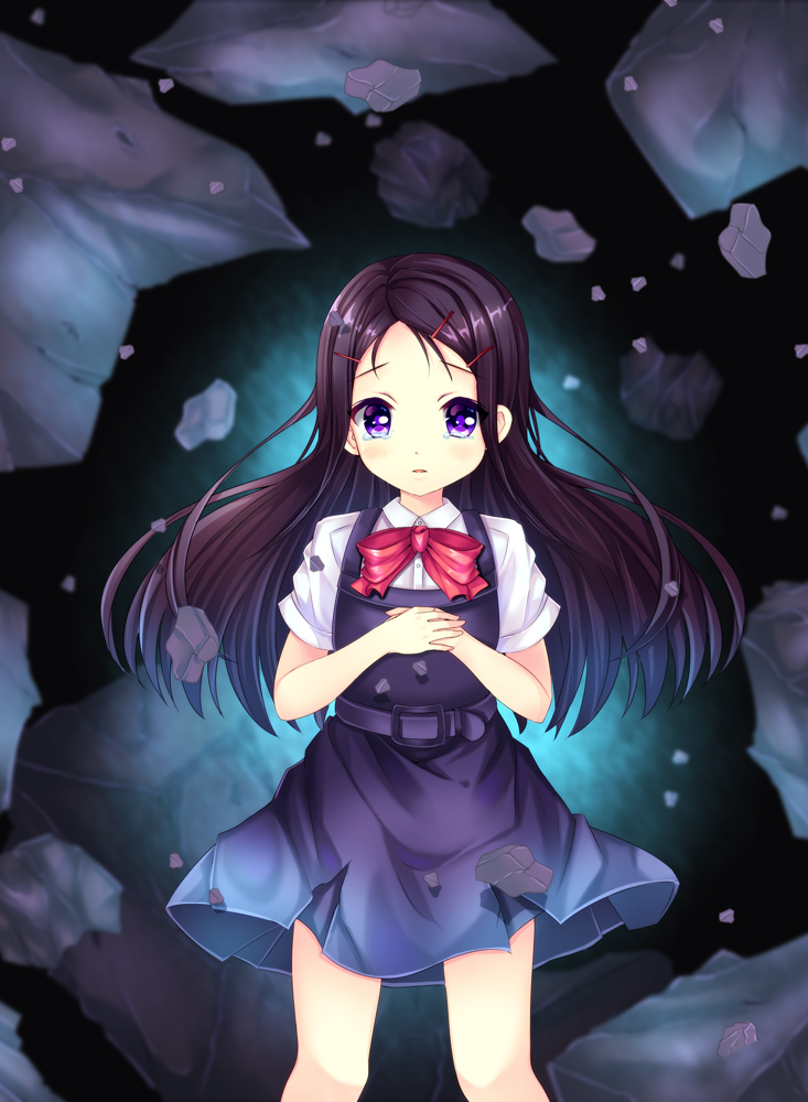 1girl, black_hair, charlotte_(anime), falling, long_hair, otosaka_ayumi, rock, saotome_mirai