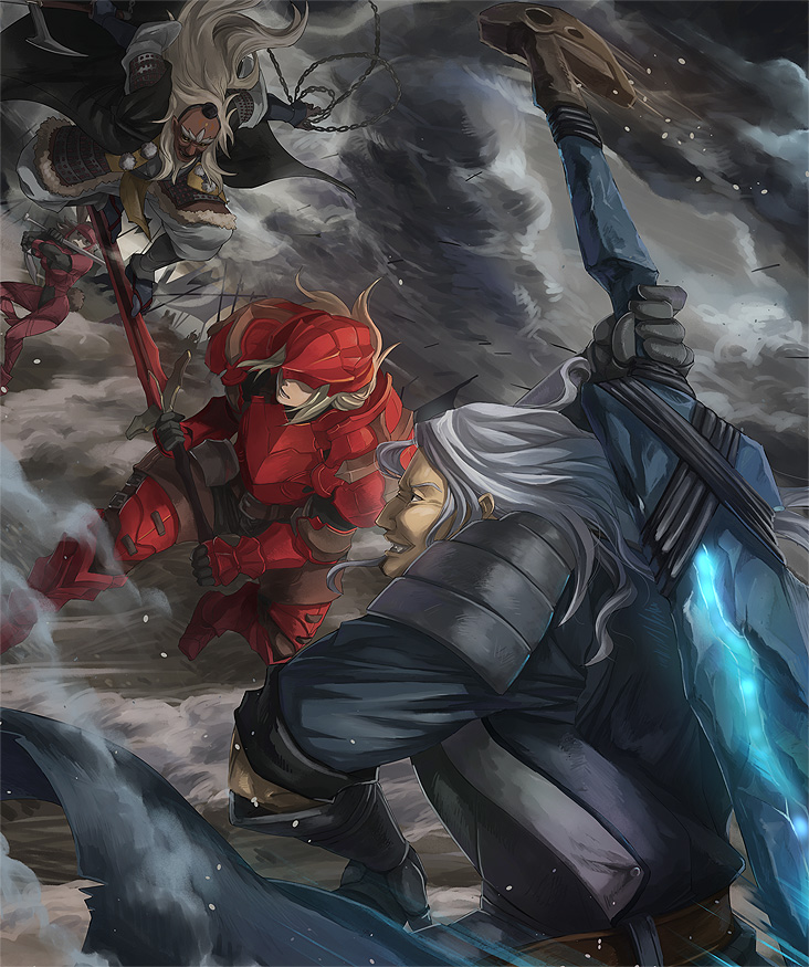 animal_ears, armor, battle, battle_standard, battlefield, blonde_hair, brown_hair, bunny_tail