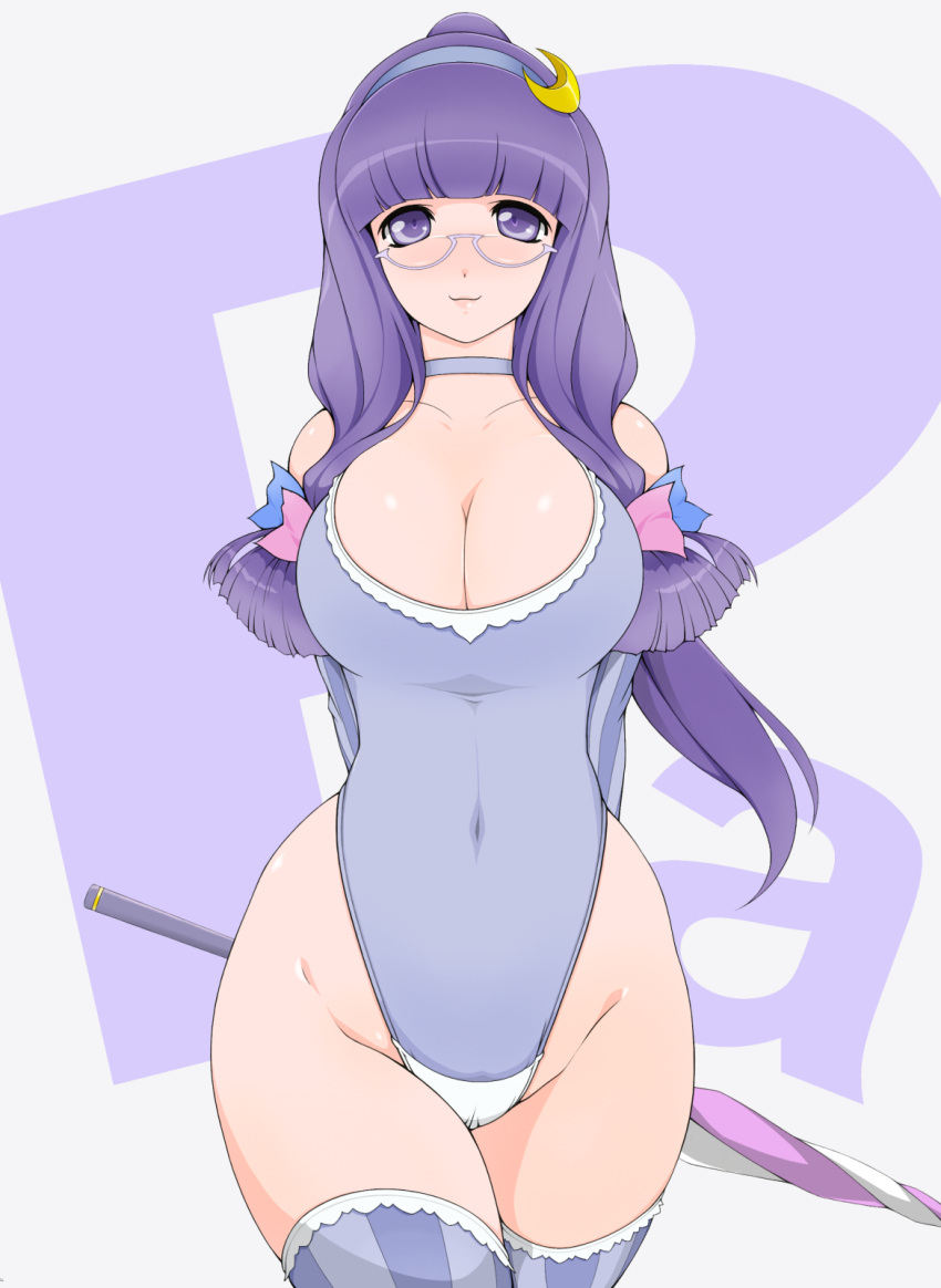 1girl, bare_shoulders, breasts, cleavage, covered_navel, curvy, glasses, hairband