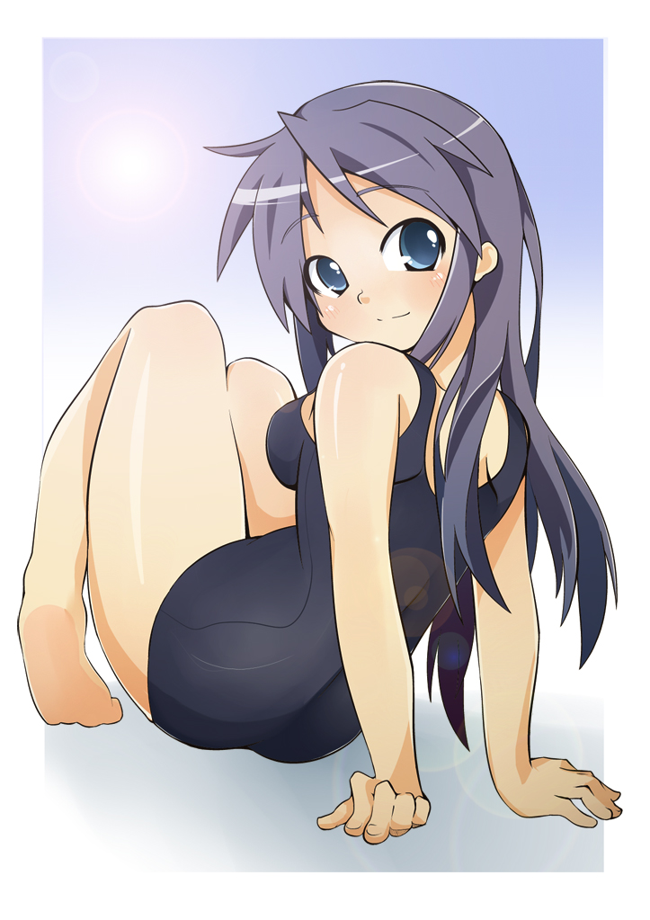 1girl, barefoot, blue_eyes, hiiragi_miki, long_hair, lucky_star, one-piece, one-piece_swimsuit