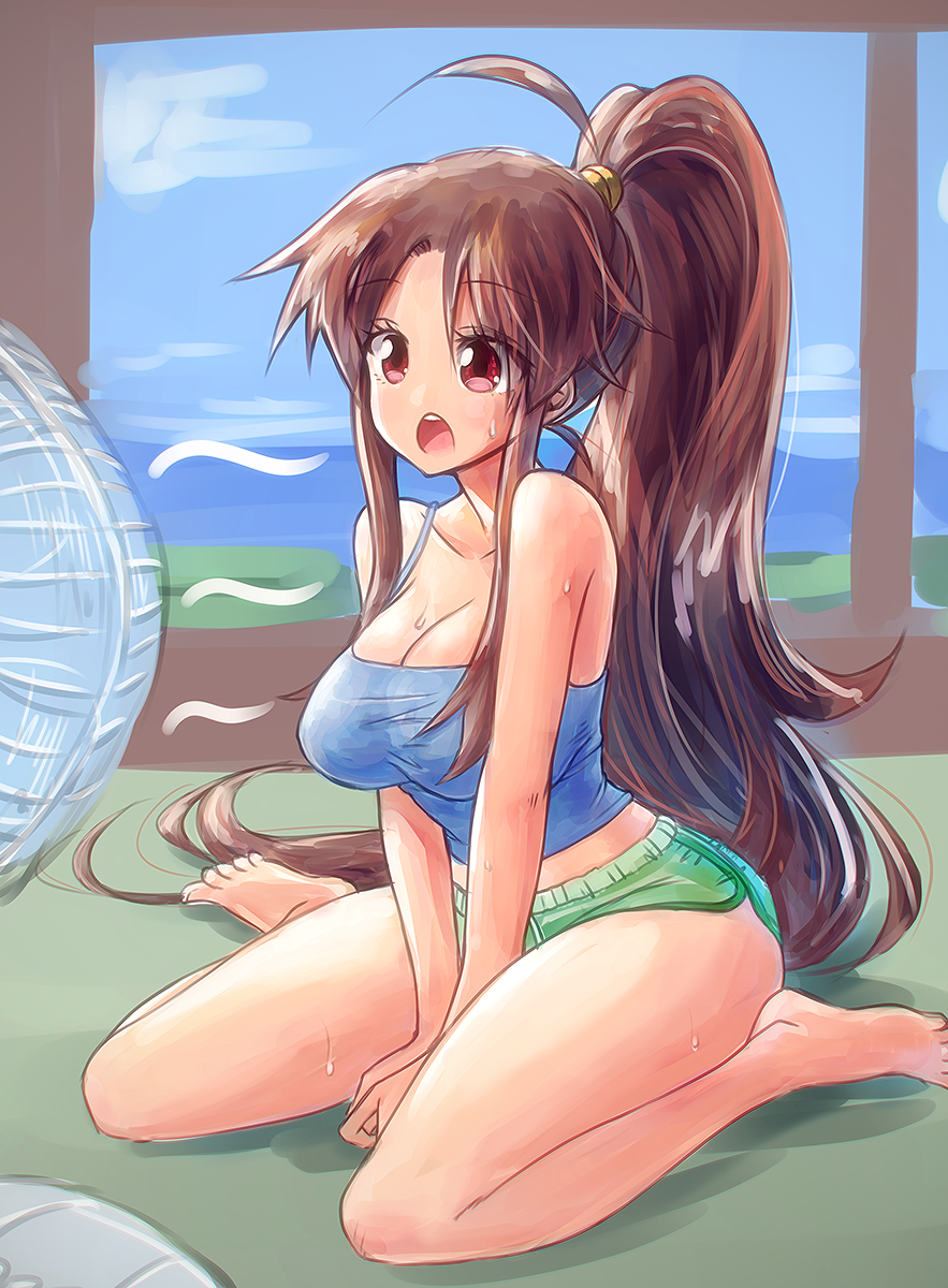 1girl, 966, :o, bare_shoulders, barefoot, breasts, brown_hair, cleavage