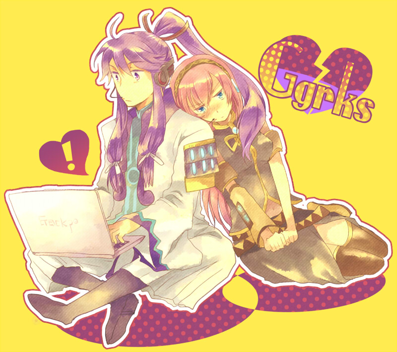 blue_eyes, blush, computer, ggrks_(vocaloid), heart, kamui_gakupo, long_hair, megurine_luka