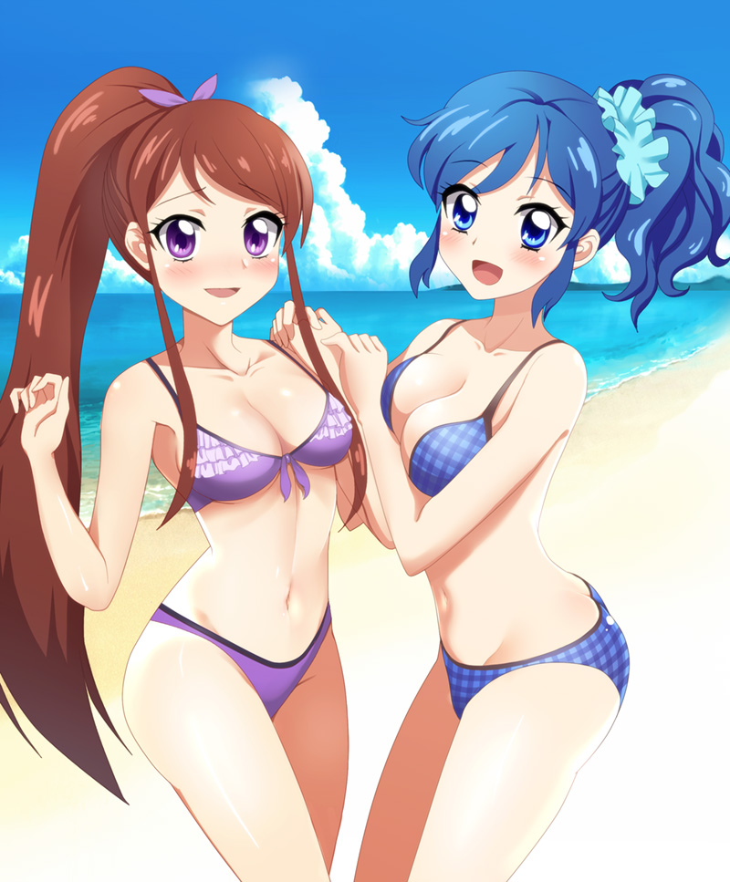 2girls, aikatsu!, bikini, blue_eyes, blue_hair, brown_hair, greave_(asterism), kiriya_aoi
