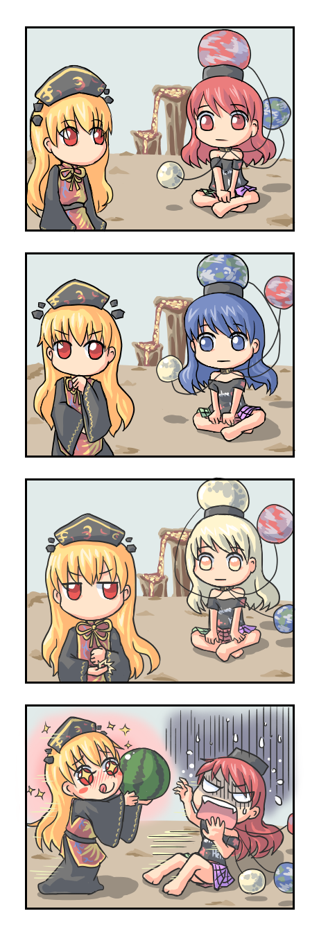 +_+, 2girls, 4koma, baise_fenbi_xian, barefoot, black_dress, black_shirt, blonde_hair, blue_eyes, blue_hair, blush, blush_stickers, chinese_clothes, collar, comic, dress, earth_(ornament), emphasis_lines, expressionless, fang, hat, hecatia_lapislazuli, highres, idea, indian_style, junko_(touhou), levitation, long_hair, long_sleeves, looking_at_another, moon_(ornament), multicolored_skirt, multiple_girls, no_mouth, off-shoulder_shirt, open_mouth, red_eyes, redhead, ribbon, scared, shaded_face, shirt, short_sleeves, sitting, smile, sparkle, tabard, thinking, tongue, tongue_out, touhou, very_long_hair, white_chalk_lines, wide_sleeves, yellow_eyes
