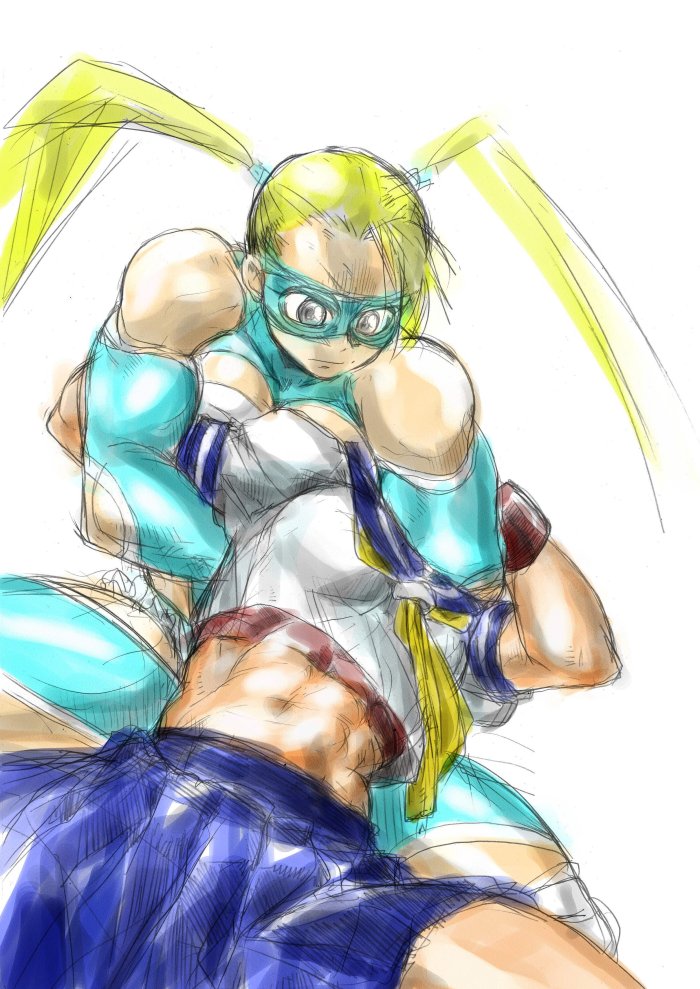 2girls, abs, blonde_hair, blue_eyes, breasts, cleavage, cleavage_cutout, hey_(bluebell), kasugano_sakura, leotard, midriff, multiple_girls, muscle, neck_hold, rainbow_mika, school_uniform, serafuku, skirt, street_fighter, street_fighter_zero, street_fighter_zero_3, twintails, wrestling, wrestling_mask, wrestling_outfit