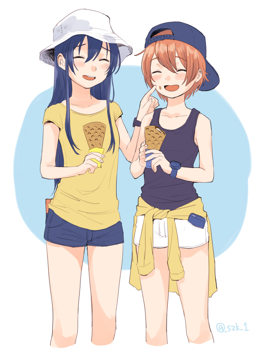2girls, ^_^, backwards_hat, baseball_cap, blue_hair, blush, cellphone, closed_eyes, clothes_around_waist, crepe, fang, food, food_on_face, hat, highres, hoshizora_rin, hotoke_(zz_orz), jacket_around_waist, long_hair, love_live!_school_idol_project, multiple_girls, phone, redhead, short_hair, shorts, sonoda_umi, tank_top, watch