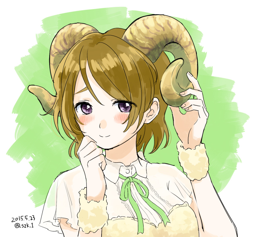 1girl, 2015, blonde_hair, blush, highres, horns, hotoke_(zz_orz), koizumi_hanayo