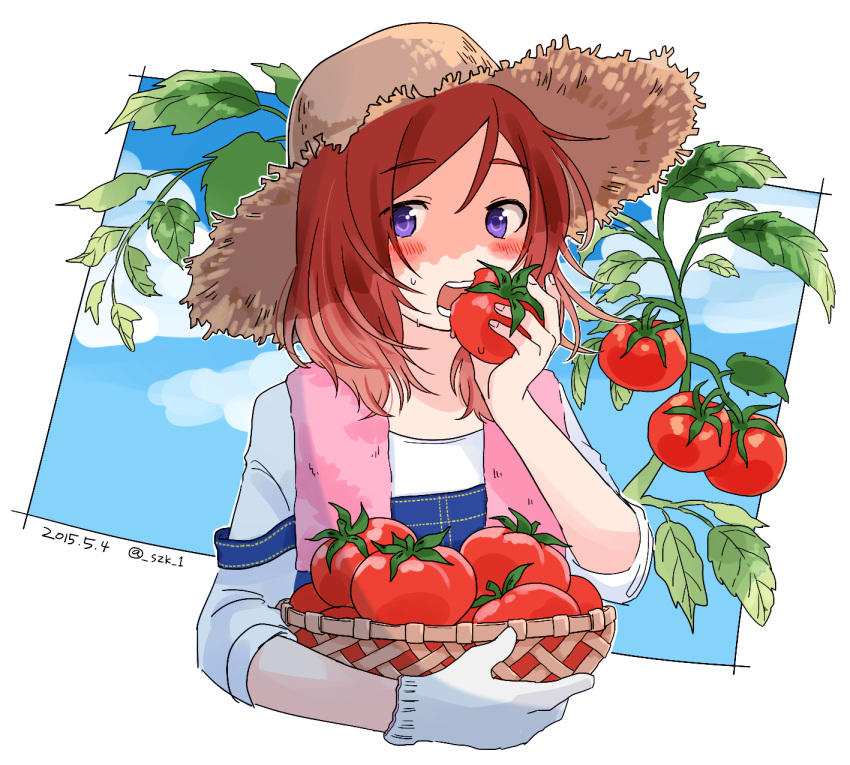 1girl, basket, blue_sky, blush, clouds, dated, eating, gloves