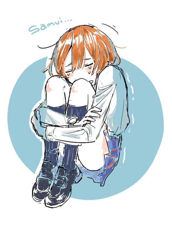1girl, closed_eyes, cold, hoshizora_rin, hotoke_(zz_orz), kneehighs, love_live!_school_idol_project, messy_hair