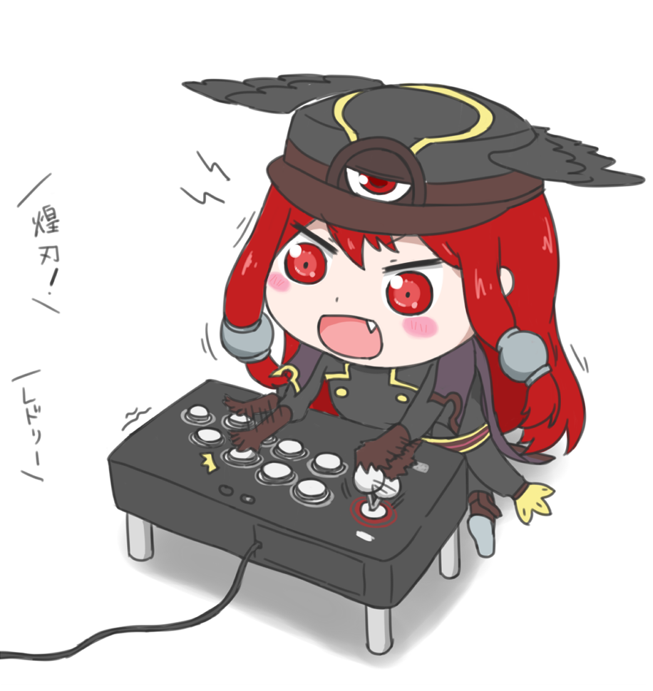 1girl, arcade_stick, blazblue, blush_stickers, chibi, controller, fang, game_controller